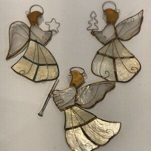 Vintage Capiz Shell Angel Ornaments Set of 3 – Brass Wire – Trumpet Star Tree